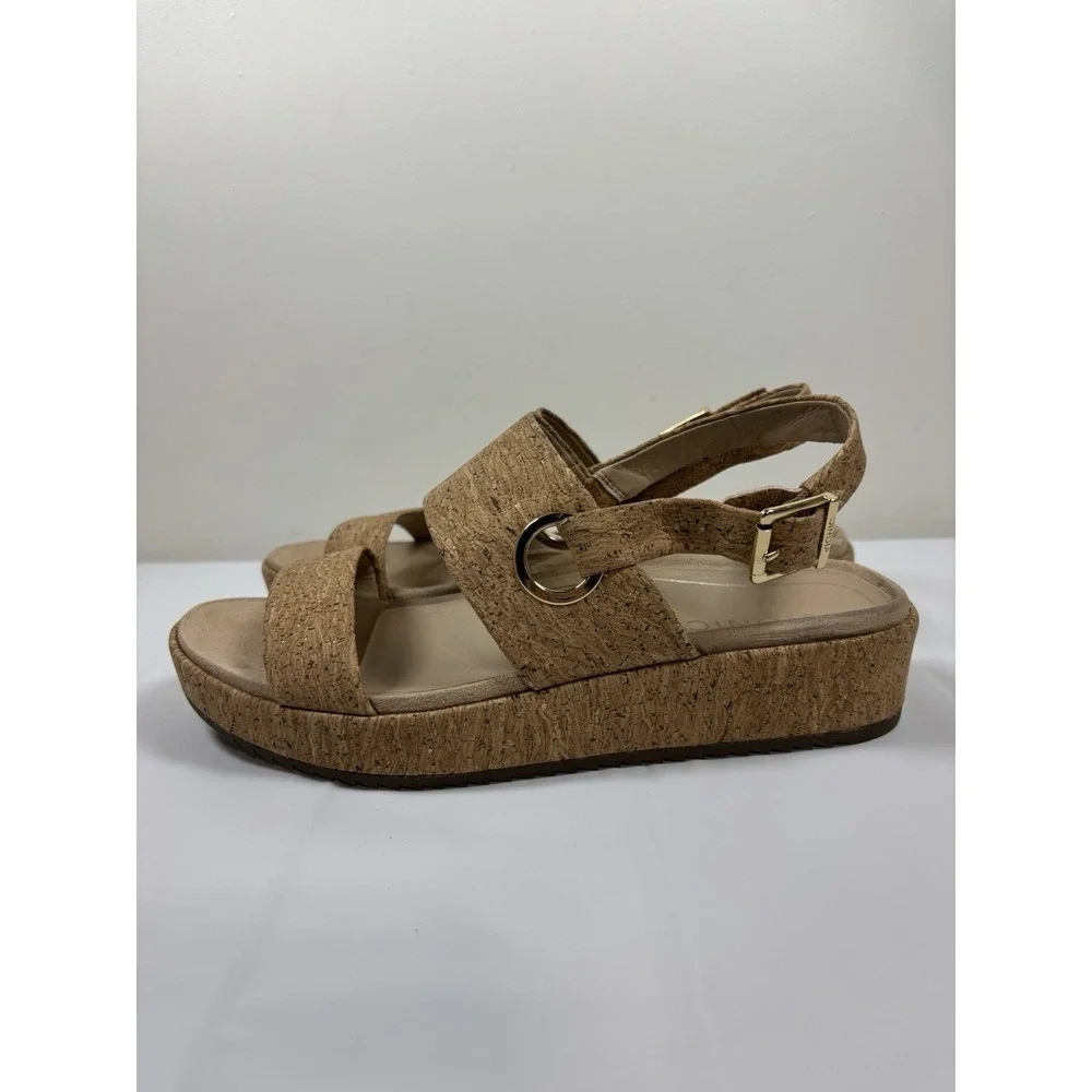 Vionic Womens 8.5 Louise Cork Raffia Leather Ankle Strap Platform Sandals Festiv